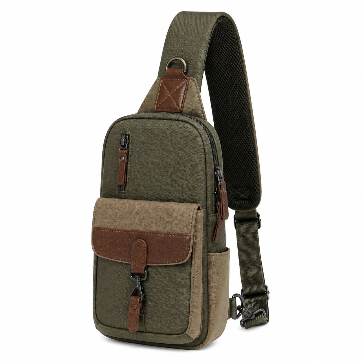 Umhängetasche 17 x 8 x 31 cm aus Textil Olivgrün Braun mit verstellbarem Schultergurt
