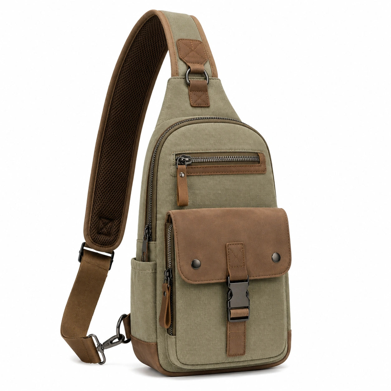 Umhängetasche 18 × 8 × 32 cm aus Canvas in Khaki Braun mit verstellbarem Schultergurt