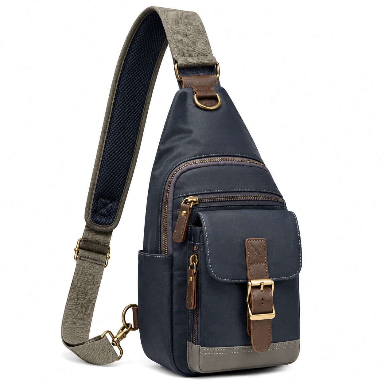 Sling-Rucksack 18 x 8 x 32 cm aus Textil in Navy Braun Khaki mit verstellbarem Schultergurt