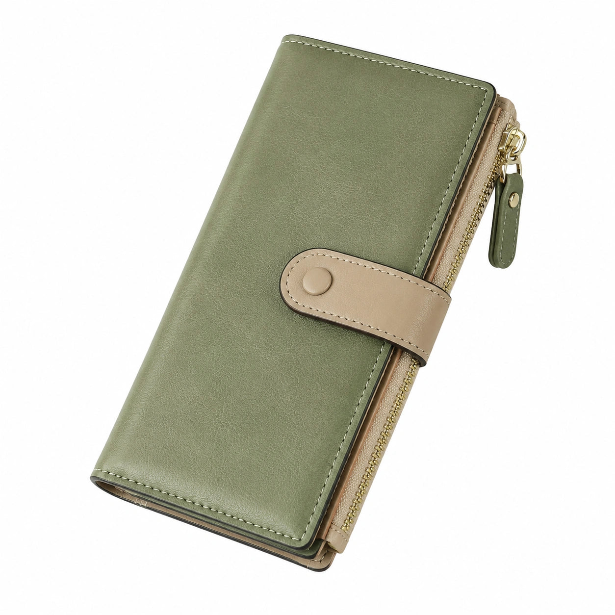 Damen Geldbörse 19 x 10 x 3 cm aus Kunstleder in Grün Beige mit Druckknopf und Reißverschluss