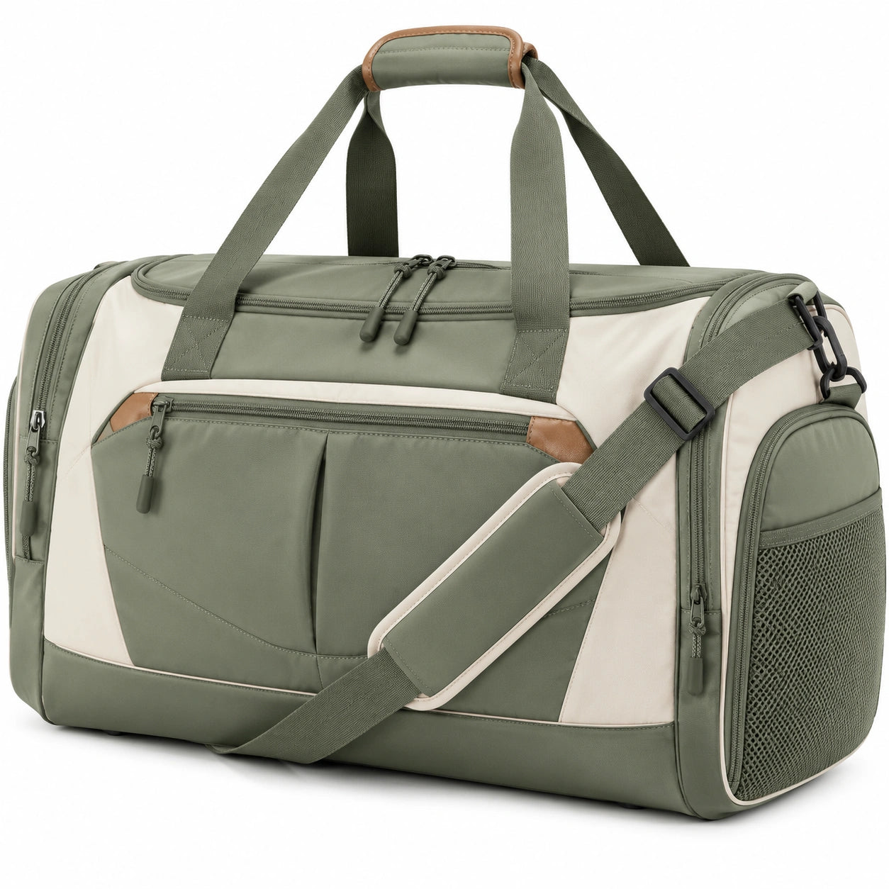Reisetasche 55 x 27 x 30 cm aus Polyester Grün Creme mit Schultergurt und Mehrfachfächern