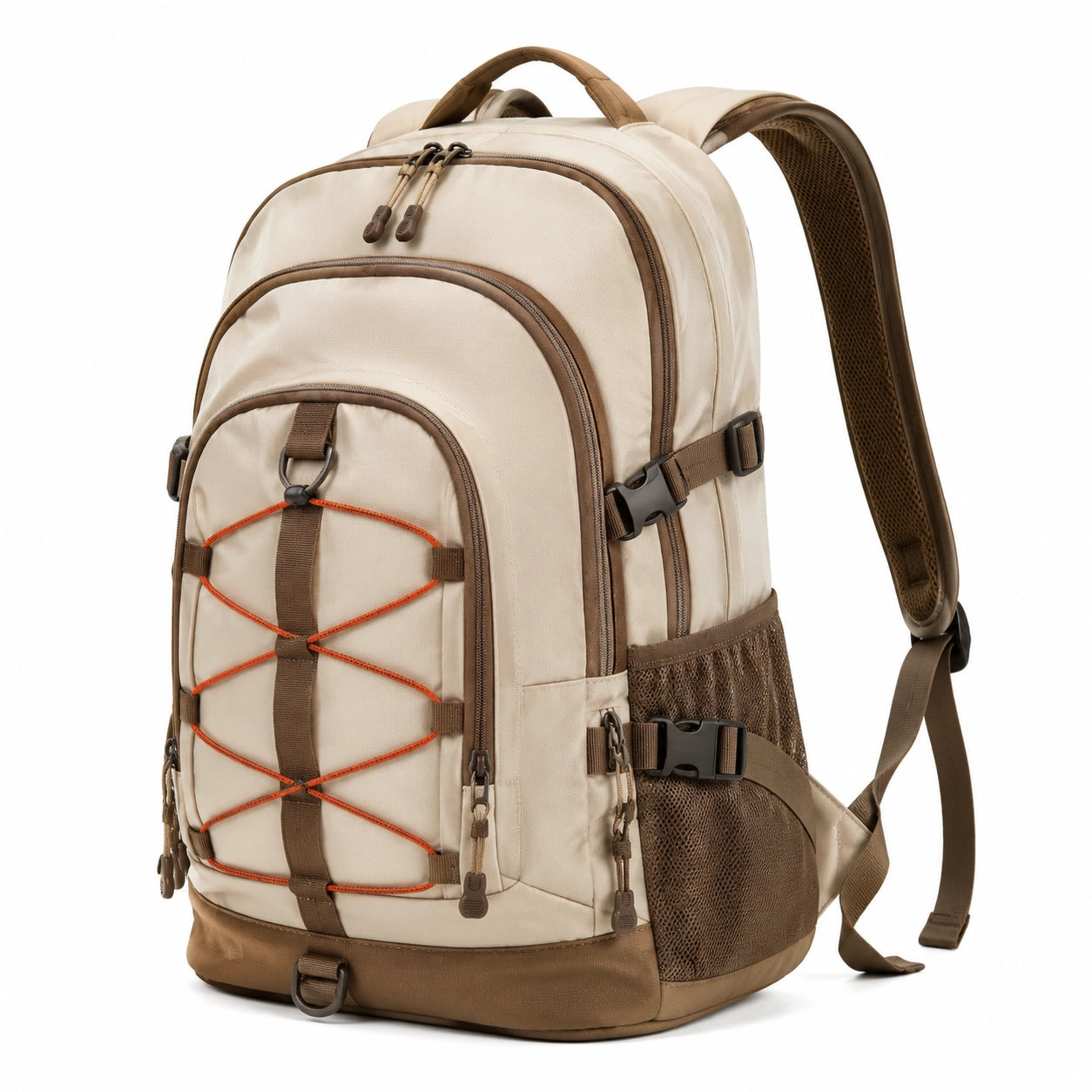 Rucksack 32×20×48 cm aus Textilgewebe Beige Braun für Outdoor mit Mehrfachfächern