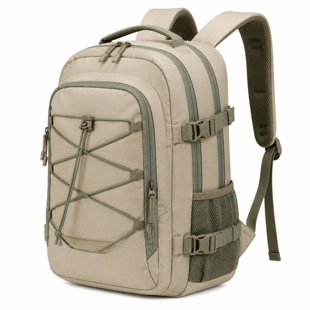 Rucksack 30 x 18 x 45 cm aus Textilgewebe Beige Olivgrün mit Kompressionsriemen für Alltag und Reisen