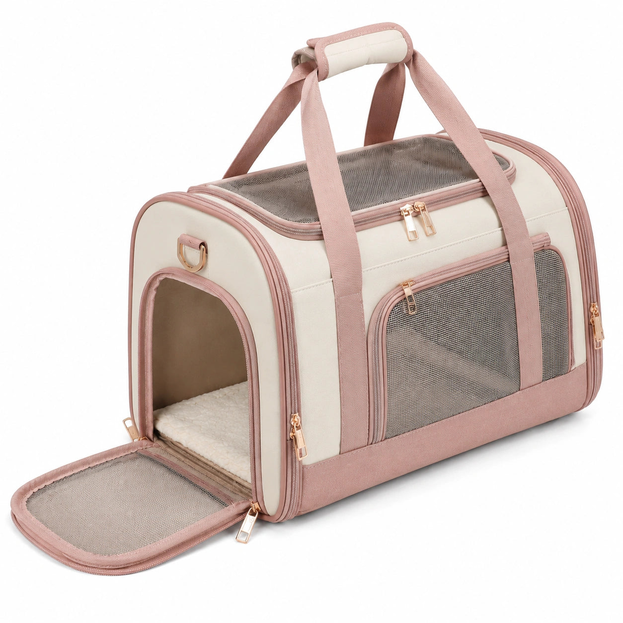 Haustier-Transporttasche 45 x 28 x 30 cm aus Textil in Creme Rosa mit Netzfenstern und Tragegriffen