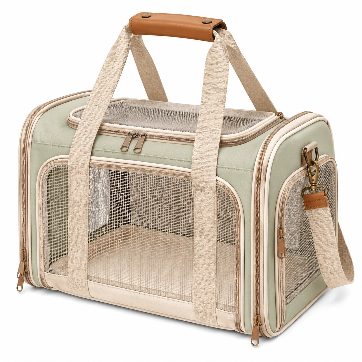 Transporttasche für Haustiere 45 x 28 x 30 cm aus Textil in Hellgrün mit Netzfenstern und Schultergurt