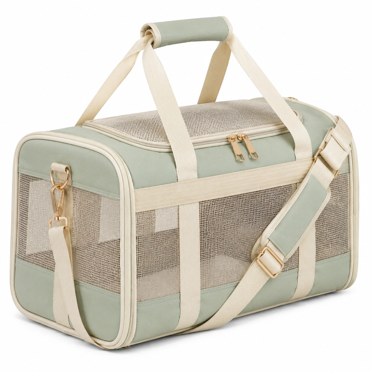Haustier Transporttasche 45 x 28 x 28 cm aus Kunstleder in Salbeigrün mit Netzfenstern und Tragegurt