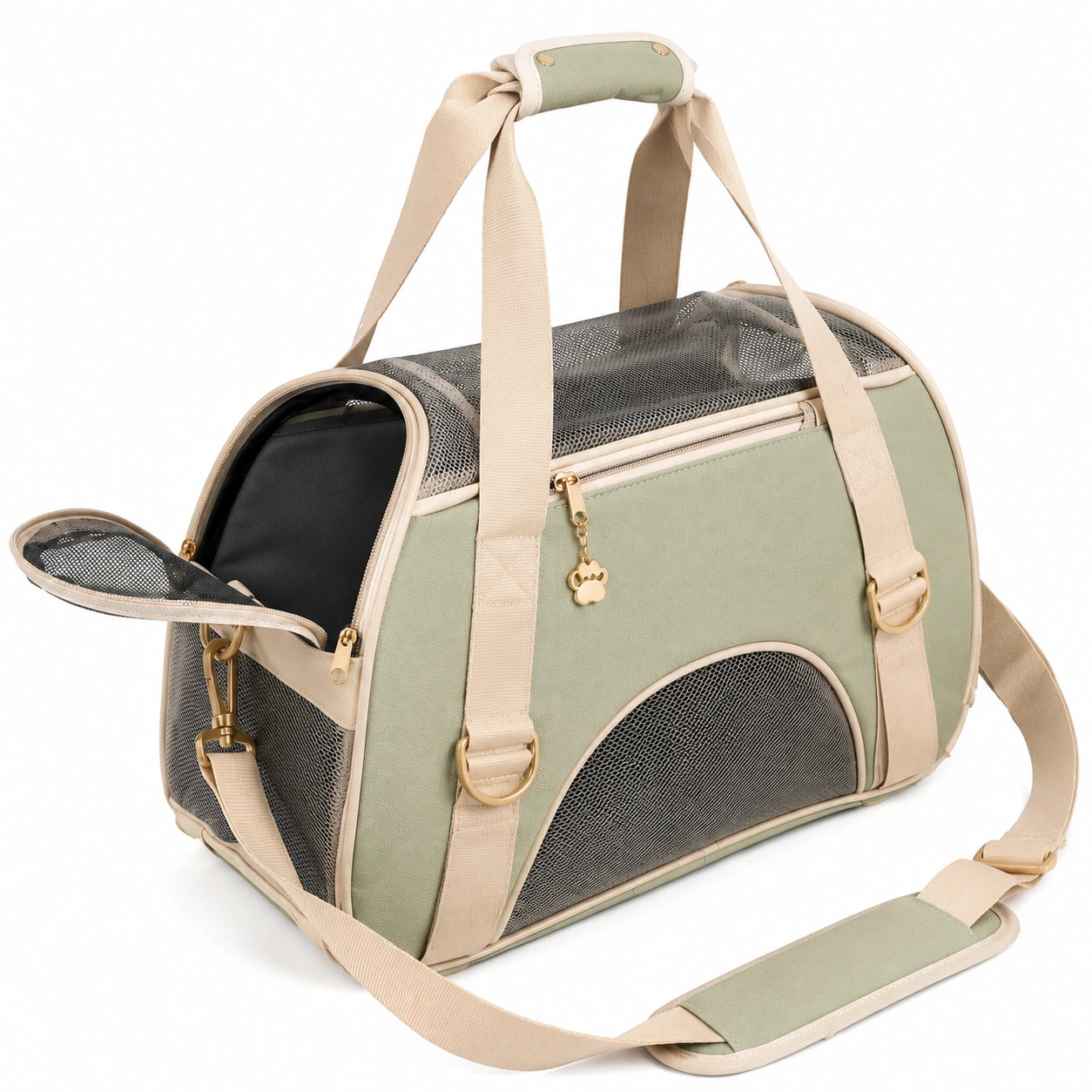 Haustier Transporttasche 45 x 28 x 30 cm aus Textil in Salbeigrün mit Netzfenstern und Schultergurt