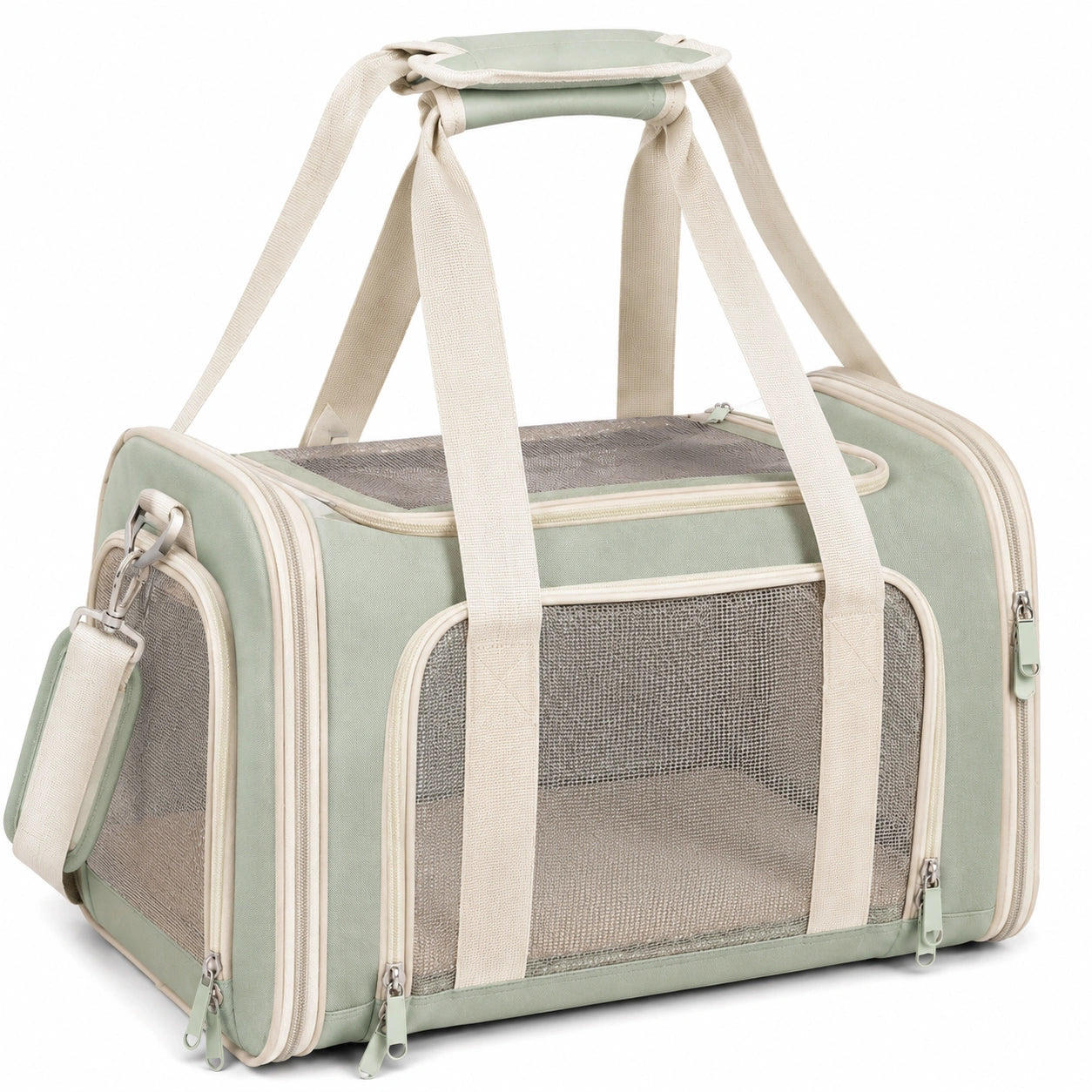 Haustiertransporttasche 45 x 28 x 30 cm aus Textilgewebe in Hellgrün mit Netzfenstern und Schultergurt