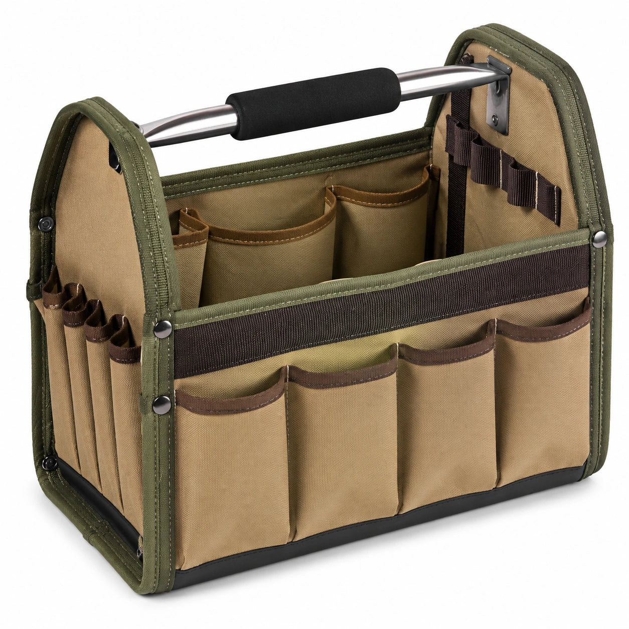 Werkzeugtasche 40 x 18 x 30 cm aus Textilgewebe in Khaki mit Metallgriff und Organisationsfächern