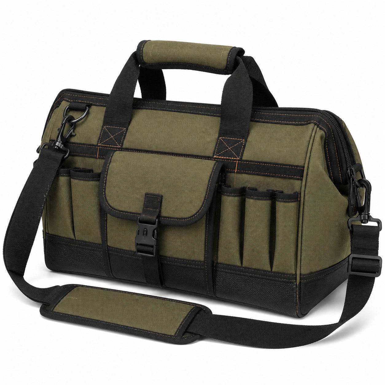 Werkzeugtasche 40 x 20 x 28 cm aus Textilgewebe Olivgrün Schwarz mit Schultergurt und Fächern