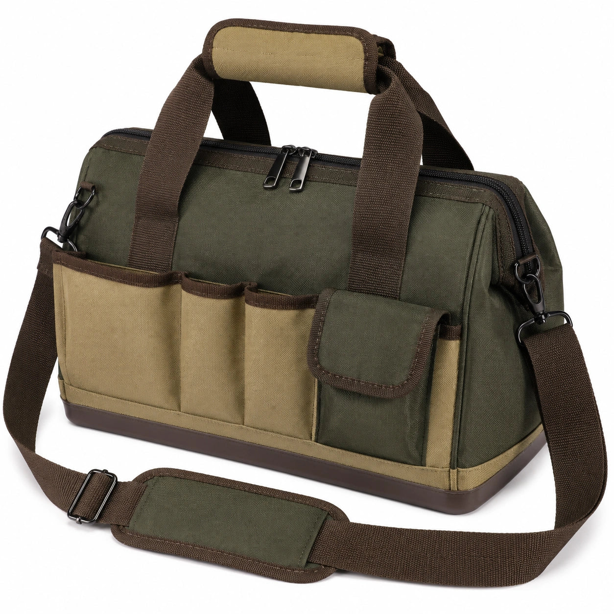 Werkzeugtasche 40 x 18 x 28 cm aus Textilgewebe in Olivgrün Beige mit Schultergurt