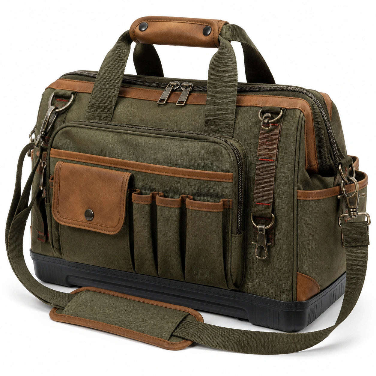 Werkzeugtasche 43 x 18 x 30 cm aus Textilgewebe Olivgrün Braun mit Schultergurt und Organizerfächern